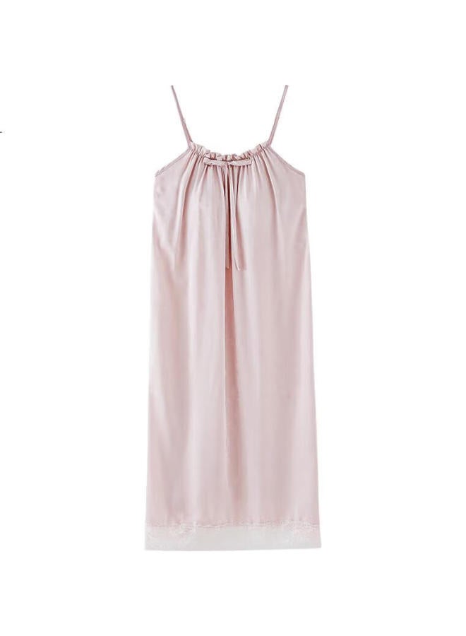 Joae Faux Silk Ribbon Chest Pads Spaghetti Strap Nightgown, Women'S High-End Summer Sleepwear, Loungewear, Ice Silk, Pink, L - Image 1