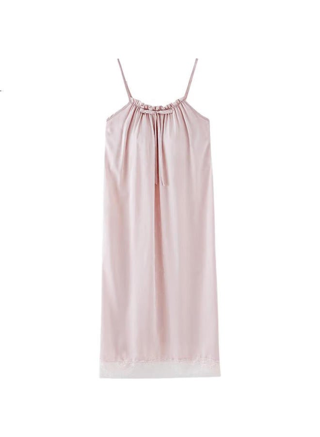 Joae Faux Silk Ribbon Chest Pads Spaghetti Strap Nightgown, Women'S High-End Summer Sleepwear, Loungewear, Ice Silk, Pink, L - Image 2