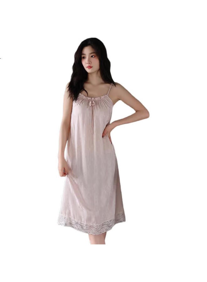 Joae Faux Silk Ribbon Chest Pads Spaghetti Strap Nightgown, Women'S High-End Summer Sleepwear, Loungewear, Ice Silk, Pink, L - Image 3