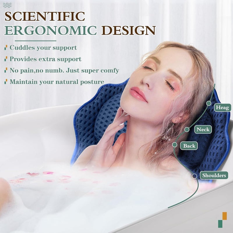 RUVINCE Bath Pillow RUVINCE Ergonomic Luxury Bathtub Pillow with Head,Neck, Shoulder and Back Support, 4D Bath Pillows for tub with 6 Powerful Suction Cups, Fits All Bathtub, Spa Tub, Hot Jacuzzi (Dark Blue) - Image 3