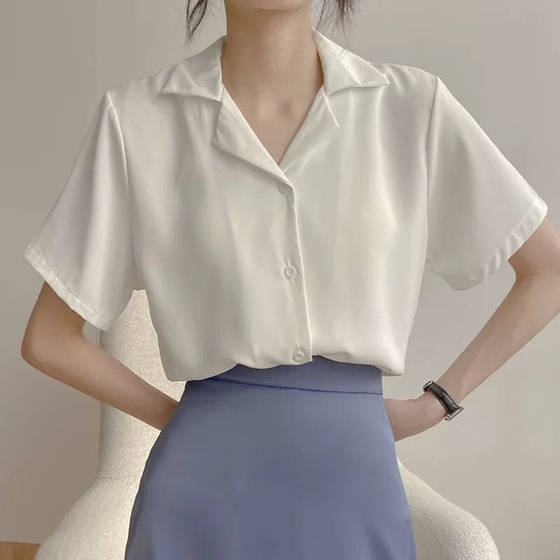 Shirt Womens Solid Color Top 2023 Spring Dress Academy Style Retro Korean Professional Dress Collar Student Summer Short Sleeve Black - Image 4