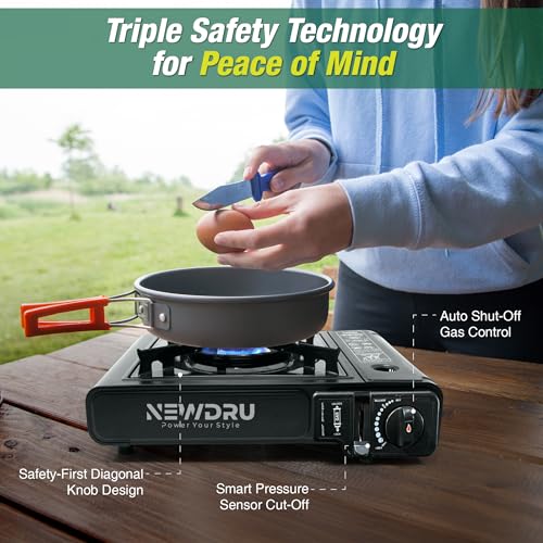 NEWDRU FlameGuard Pro Portable Butane Gas Camping Stove | Adjustable Flame, Overvoltage Protection | Lightweight & Durable for Outdoor Cooking (Without gas can) - Black - Image 5