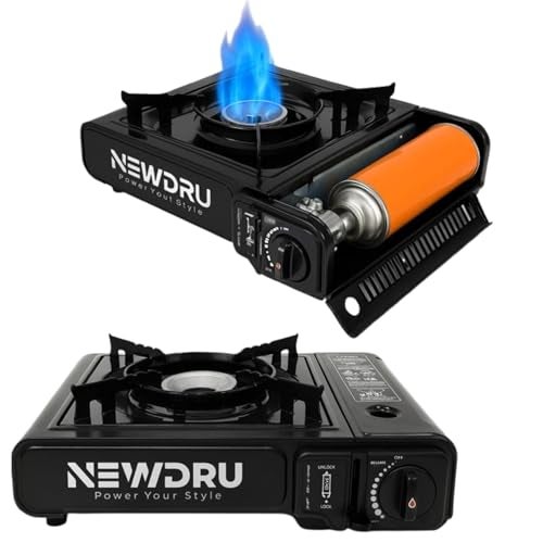 NEWDRU FlameGuard Pro Portable Butane Gas Camping Stove | Adjustable Flame, Overvoltage Protection | Lightweight & Durable for Outdoor Cooking (Without gas can) - Black - Image 1