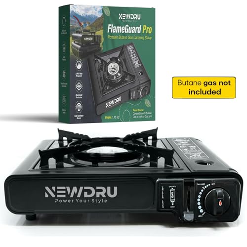 NEWDRU FlameGuard Pro Portable Butane Gas Camping Stove | Adjustable Flame, Overvoltage Protection | Lightweight & Durable for Outdoor Cooking (Without gas can) - Black - Image 2