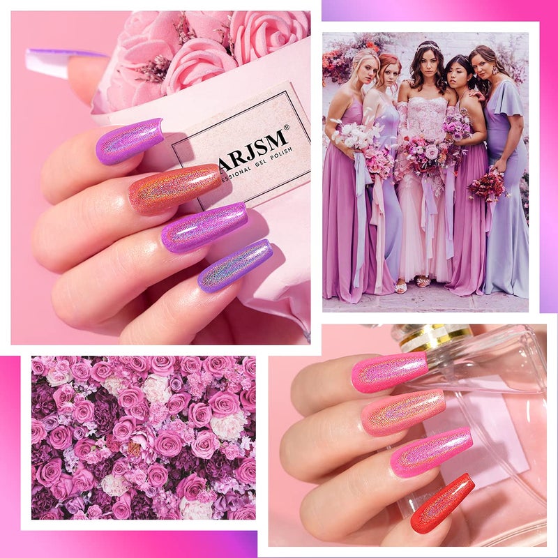 RARJSM Holographic Gel Nail Polish Set Summer Colors Glitter Gel Polishes Kit Rose Gold Hot Pink Red Violet Bright Purple 6PCS 7.5ML Curing Required Unicorn Mirror Laser Effect for Salon Home Manicure - Image 4