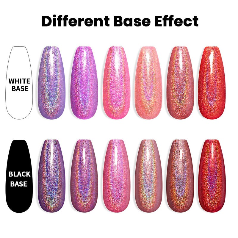 RARJSM Holographic Gel Nail Polish Set Summer Colors Glitter Gel Polishes Kit Rose Gold Hot Pink Red Violet Bright Purple 6PCS 7.5ML Curing Required Unicorn Mirror Laser Effect for Salon Home Manicure - Image 2