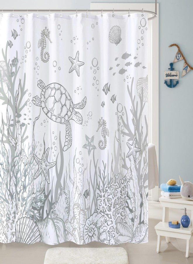Lifeella Nautical Coastal Turtle Shower Curtain, Coral Starfish Seashell Ocean Themed Bathroom Curtain, Underwater Seahorse Bathroom Decor Grey 72 x 72 inch - Image 2