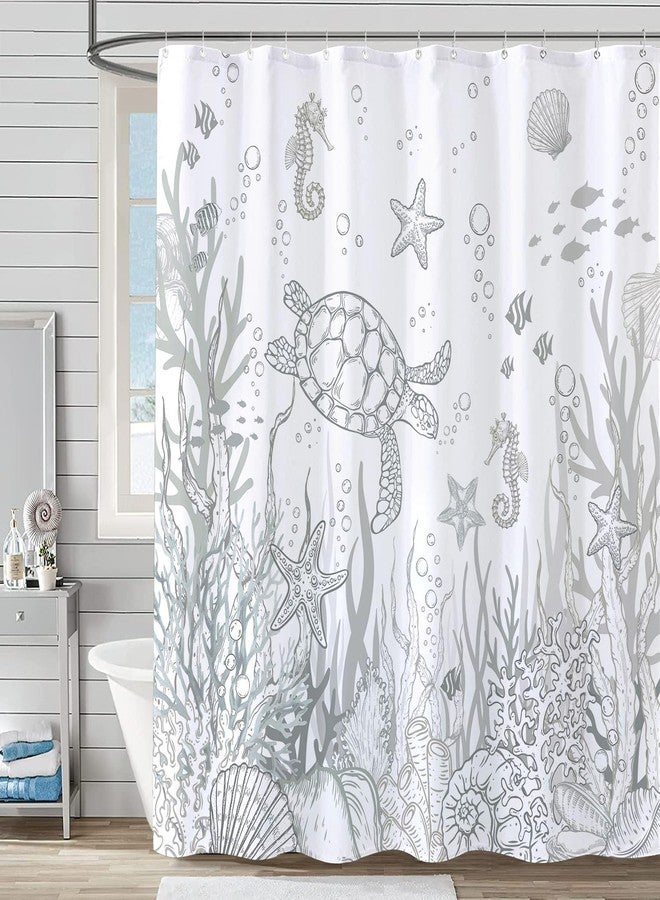 Lifeella Nautical Coastal Turtle Shower Curtain, Coral Starfish Seashell Ocean Themed Bathroom Curtain, Underwater Seahorse Bathroom Decor Grey 72 x 72 inch - Image 1