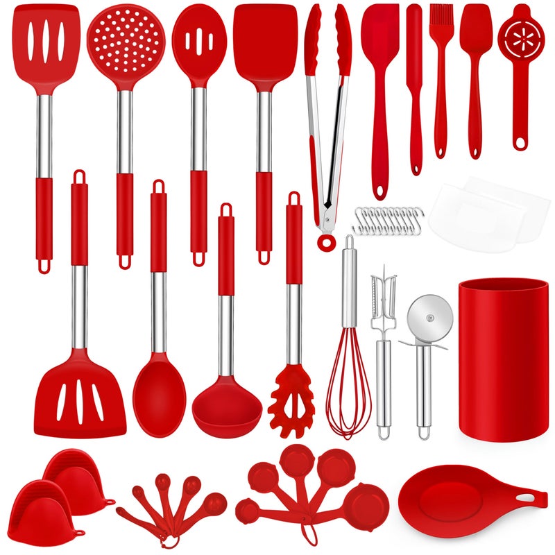 LIANYU 43 Pcs Kitchen Cooking Utensils Set Silicone Cooking Utensils Spatula Set with Holder Heat Resistant Kitchen Gadgets Tools for Nonstick Cookware Set Stainless Steel Handle Red