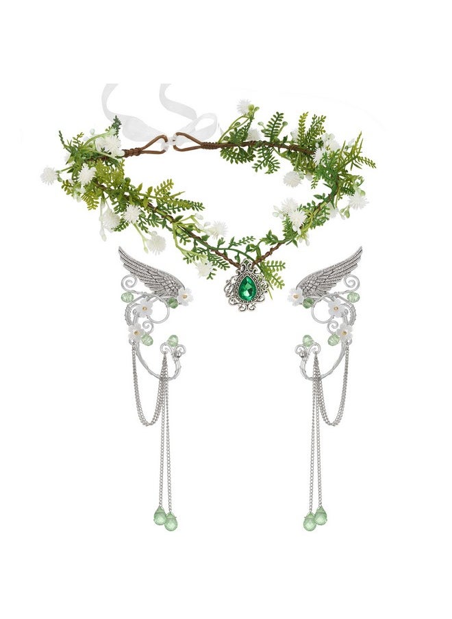 SWEETV SWEETV Fairy Flower Crown Headpiece Elf Ears Elven Headband Wreath Leaf Elves Wings Ear Cuff Woodland Circlet Forest Tiara for Women Girls Renaissance Halloween Cosplay Photoshoot Party  - Image 1