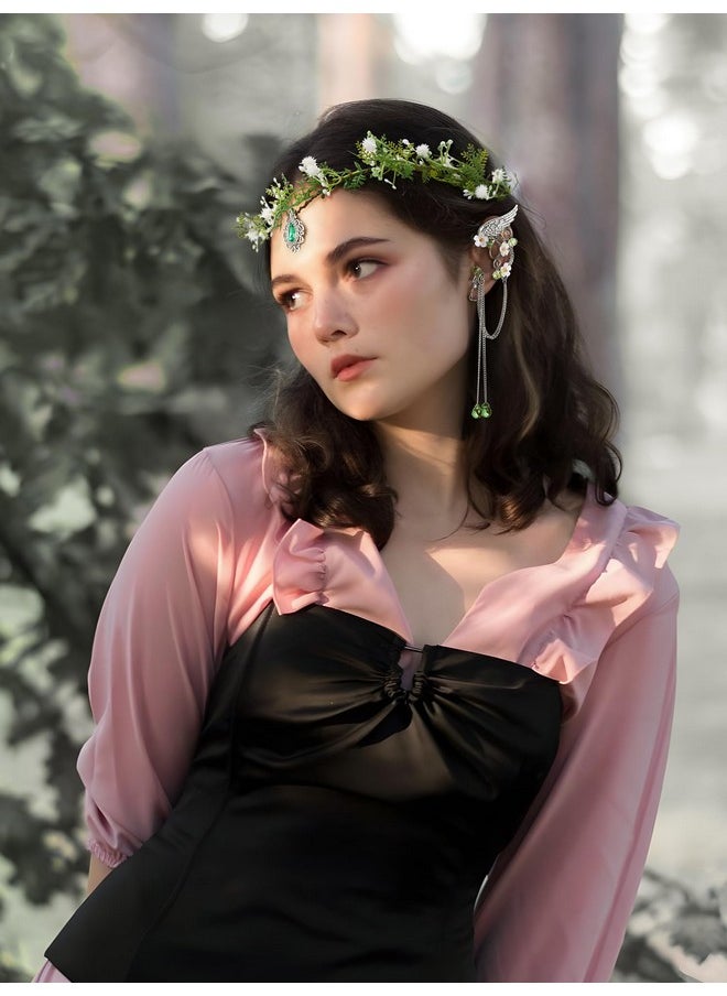 SWEETV SWEETV Fairy Flower Crown Headpiece Elf Ears Elven Headband Wreath Leaf Elves Wings Ear Cuff Woodland Circlet Forest Tiara for Women Girls Renaissance Halloween Cosplay Photoshoot Party  - Image 4