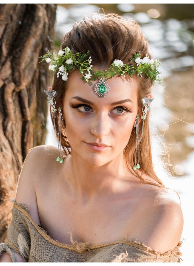 SWEETV SWEETV Fairy Flower Crown Headpiece Elf Ears Elven Headband Wreath Leaf Elves Wings Ear Cuff Woodland Circlet Forest Tiara for Women Girls Renaissance Halloween Cosplay Photoshoot Party  - Image 2