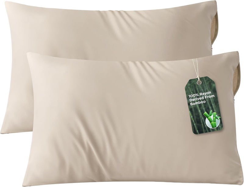 Bedsure Zipper Pillow Cases Queen, Cooling Pillow Cases Queen Size Set of 2, Rayon Derived from Bamboo Cooling Pillowcases for Hot Sleepers, Soft & Breathable Bed Pillow Covers, Beige, 20x30 Inches - Image 1