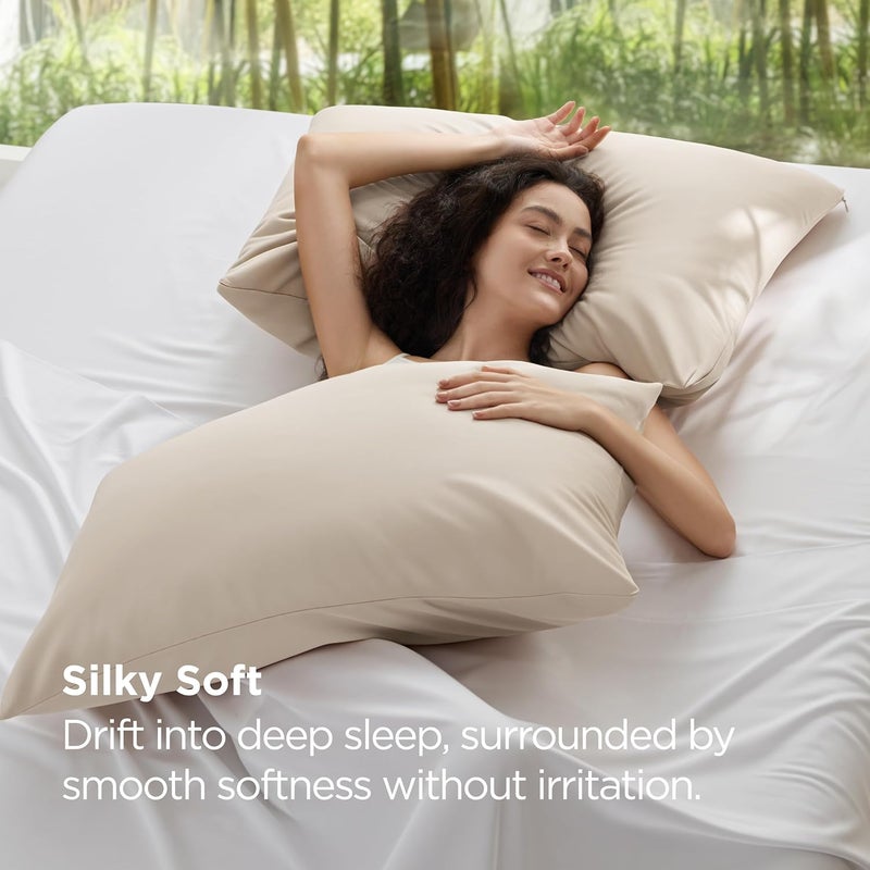Bedsure Zipper Pillow Cases Queen, Cooling Pillow Cases Queen Size Set of 2, Rayon Derived from Bamboo Cooling Pillowcases for Hot Sleepers, Soft & Breathable Bed Pillow Covers, Beige, 20x30 Inches - Image 3