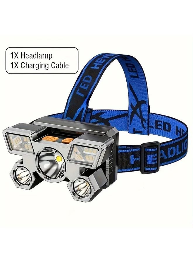 Blue USB Rechargeable LED Headlamp 5 Mode Super Bright for Outdoor Fishing Hiking - Image 1