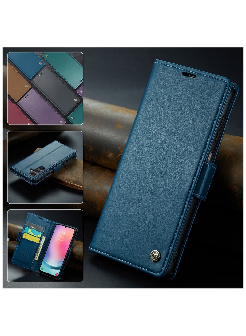 Flip Wallet Case for Samsung Galaxy A24 4G, Leather Magnetic Attachment Flip Case Blue  - Image 4