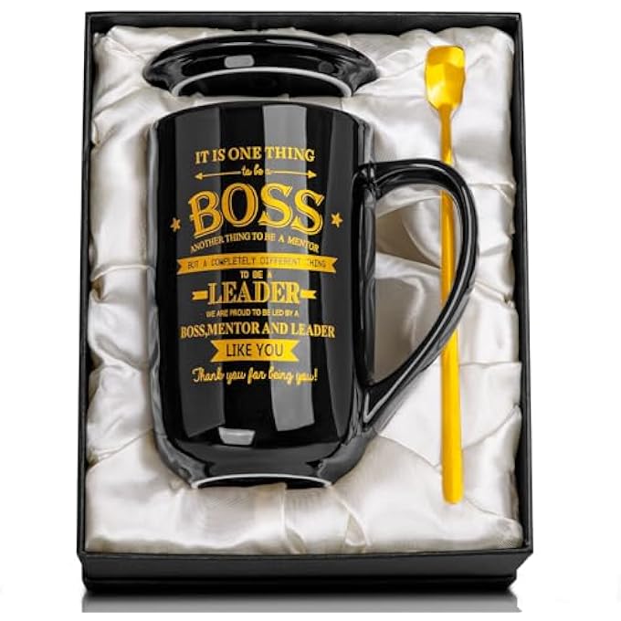 ALBISS هدايا مضحكة لرئيسك في العمل، أفضل كوب فاخر لعيد الميلاد، شكرًا وتقديرًا، هدية بابا نويل السرية لقائد المدير، عيد ميلاد وداع، كوب قهوة كبير من السيراميك الأسود سعة 18 أونصة معبأ في صندوق - Image 2