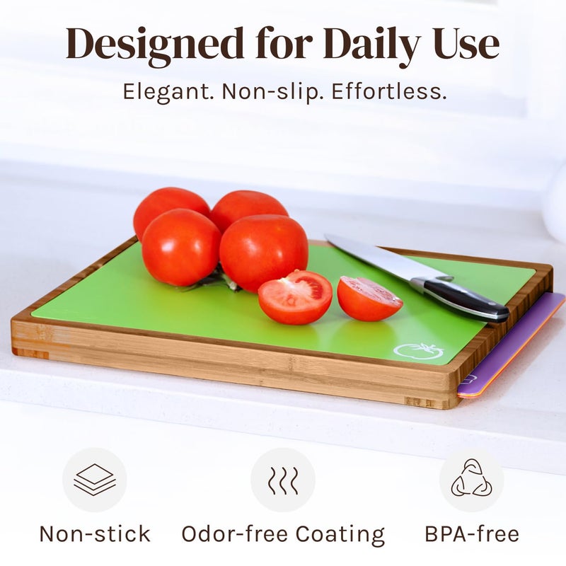 Cooler Kitchen Cutting Boards for Kitchen - Checkered Bamboo Cutting Board Set with 6 Color-Coded Flexible Chopping Mats, Easy Clean Wood and Dishwasher-Safe Plastic, Large 17x12, Knife-Friendly - Image 3