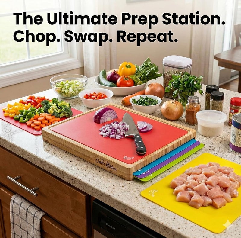 Cooler Kitchen Cutting Boards for Kitchen - Checkered Bamboo Cutting Board Set with 6 Color-Coded Flexible Chopping Mats, Easy Clean Wood and Dishwasher-Safe Plastic, Large 17x12, Knife-Friendly - Image 2
