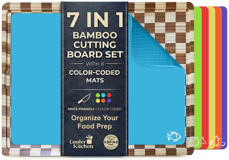 Cooler Kitchen Cutting Boards for Kitchen - Checkered Bamboo Cutting Board Set with 6 Color-Coded Flexible Chopping Mats, Easy Clean Wood and Dishwasher-Safe Plastic, Large 17x12, Knife-Friendly - Image 1