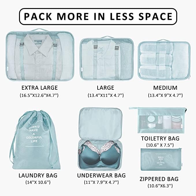 TS WITH TECHSUN 7 Pcs Travel Organizer Pouch Packing Cubes for Clothes Space Savers Bags Cosmetics/Underwear/Socks/Shoes Toiletry Bag Laundry Organiser (Nylon) (Skyblue) - Image 2