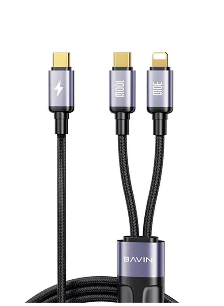 Bavin CB387 2-in-1 Fast Charging Data Cable with Nylon Braided Wire 100W Compatible with Type-C Devices and iPhone 1.2m - Image 1