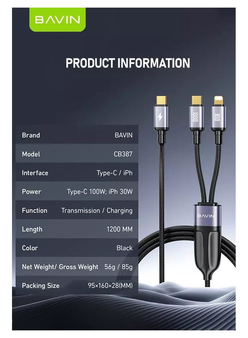Bavin CB387 2-in-1 Fast Charging Data Cable with Nylon Braided Wire 100W Compatible with Type-C Devices and iPhone 1.2m - Image 2