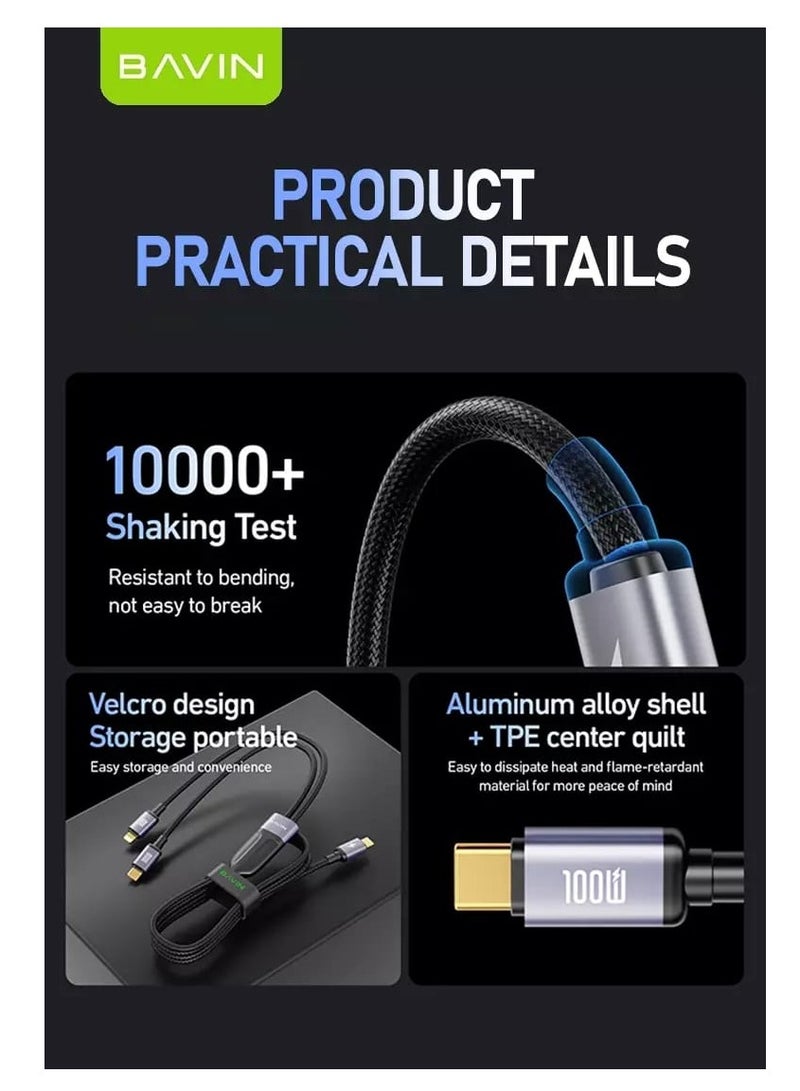 Bavin CB387 2-in-1 Fast Charging Data Cable with Nylon Braided Wire 100W Compatible with Type-C Devices and iPhone 1.2m - Image 3