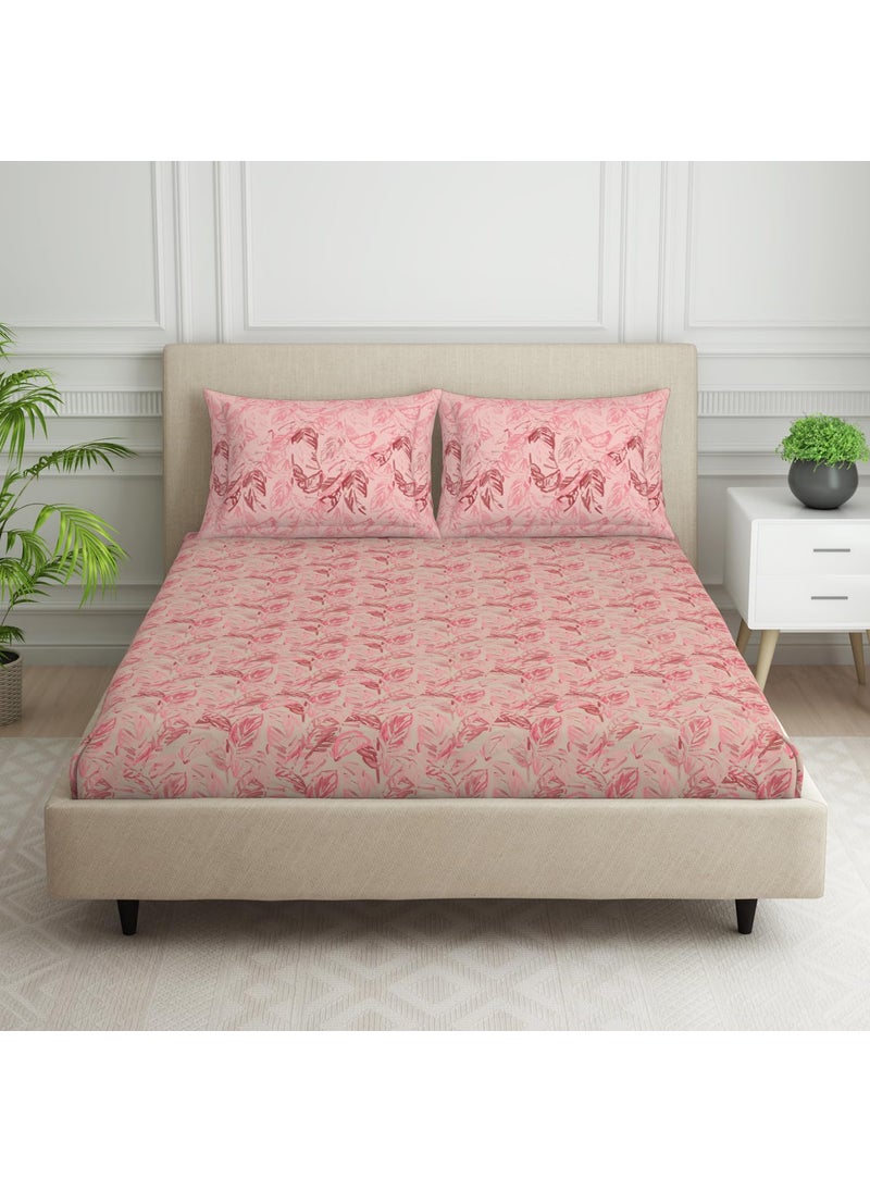 SPACES SPACES 100% Cotton Double Bedsheet with 2 Pillow Covers (Size 88 x 100 inch) | 132 TC Bed Sheet for Double Bed | Breathable Pure Cotton Queen Size Bedsheet | Tropica | Floral Light Pink  - Image 1