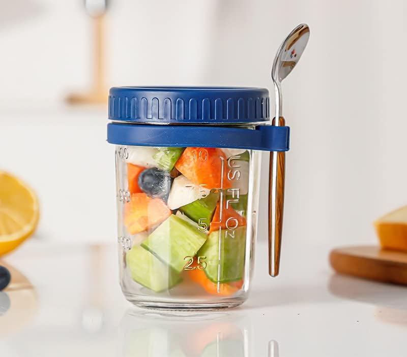 bellemax 350 ml Oats Container With Lids And Spoon set of 1 pc Glass Mason Jars For Overnight Oats Leak Proof Container with Measurment For Cereal Fruit Vegetable Milk Salad Yogurt (random color) - Image 2