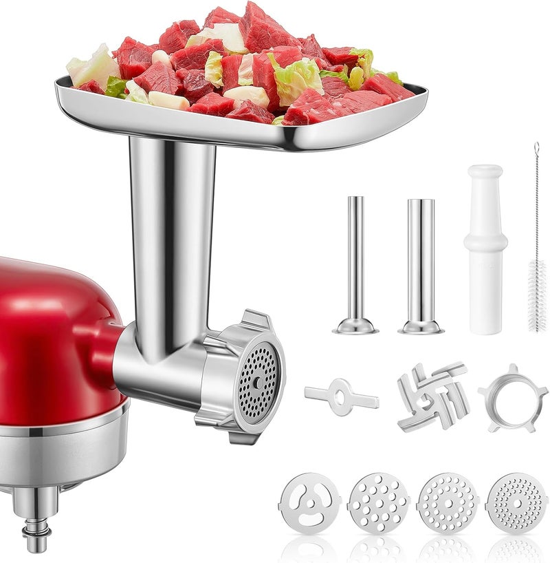 FOHERE Meat Grinder Attachment for KitchenAid Stand Mixer, 15PCS Stainless Steel Meat Grinder Accessories for Kitchen Aid With 4 Grinding Plates, 2 Sausage Stuffer Tubes, 3 Grinding Blades, 1 Large Food Tray - Image 1