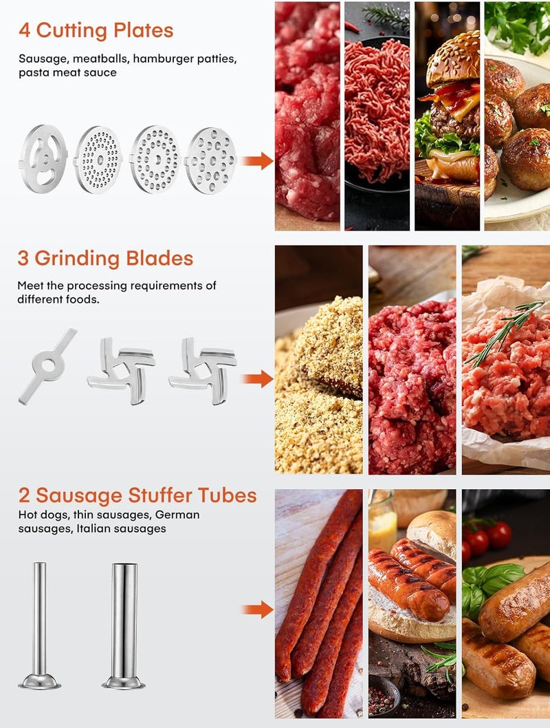 FOHERE Meat Grinder Attachment for KitchenAid Stand Mixer, 15PCS Stainless Steel Meat Grinder Accessories for Kitchen Aid With 4 Grinding Plates, 2 Sausage Stuffer Tubes, 3 Grinding Blades, 1 Large Food Tray - Image 4