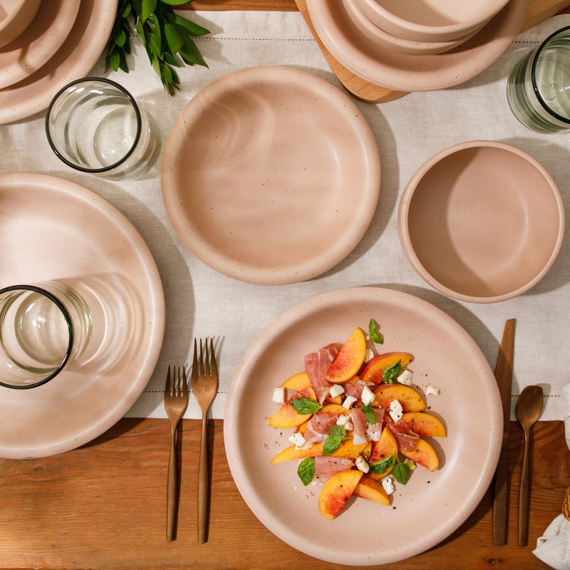 Bloomhouse - Two Time Oprah's Favorite Things Winner - Corsica Clay 12 Piece Stoneware Rustic Reactive Glaze Dinnerware Set - Stackable Plates and Bowls Set. Service for 4 - Matte Prosecco Blush Pink - Image 3