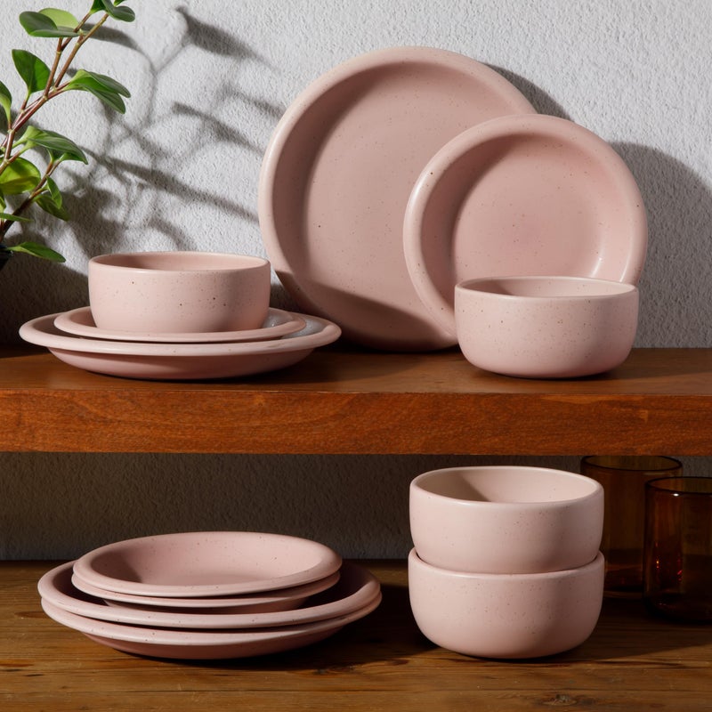 Bloomhouse - Two Time Oprah's Favorite Things Winner - Corsica Clay 12 Piece Stoneware Rustic Reactive Glaze Dinnerware Set - Stackable Plates and Bowls Set. Service for 4 - Matte Prosecco Blush Pink - Image 5