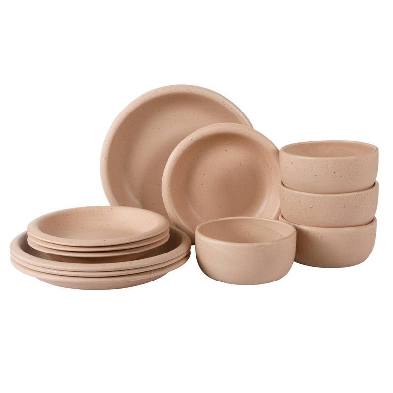 Bloomhouse - Two Time Oprah's Favorite Things Winner - Corsica Clay 12 Piece Stoneware Rustic Reactive Glaze Dinnerware Set - Stackable Plates and Bowls Set. Service for 4 - Matte Prosecco Blush Pink - Image 1