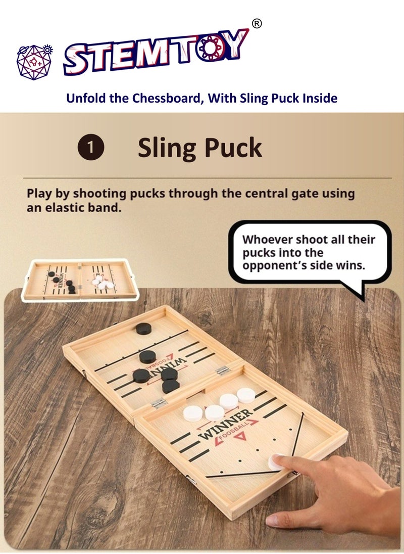 STEMTOY 3-in-1 Tabletop Chess Game Foldable Wooden Board Game Set – Chess Ice Hockey, Flying Chess, Gobang | Large 24x24cm Parent-Child Interactive & Early Educational Toy for Intellectual Development, Premium Wood & Safe Material for Preschool Kids & Adults  - Image 3