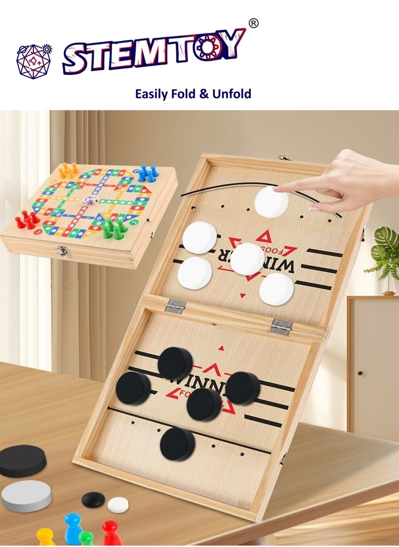 STEMTOY 3-in-1 Tabletop Chess Game Foldable Wooden Board Game Set – Chess Ice Hockey, Flying Chess, Gobang | Large 24x24cm Parent-Child Interactive & Early Educational Toy for Intellectual Development, Premium Wood & Safe Material for Preschool Kids & Adults  - Image 2
