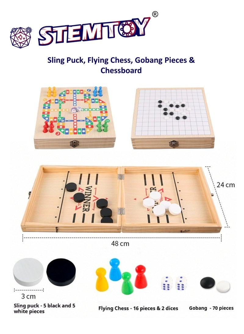 STEMTOY 3-in-1 Tabletop Chess Game Foldable Wooden Board Game Set – Chess Ice Hockey, Flying Chess, Gobang | Large 24x24cm Parent-Child Interactive & Early Educational Toy for Intellectual Development, Premium Wood & Safe Material for Preschool Kids & Adults  - Image 1