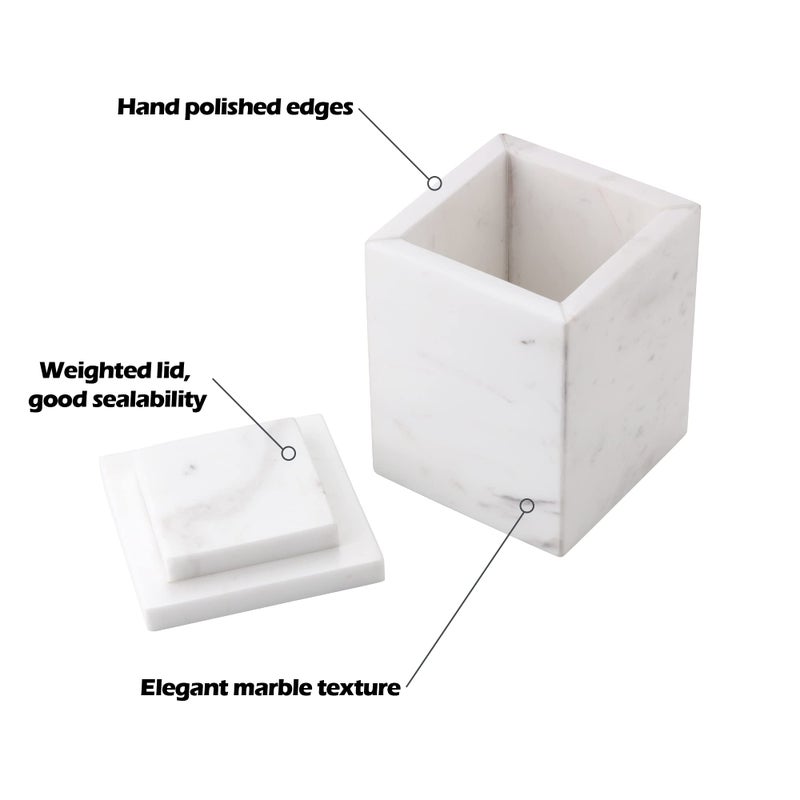 WORHE WORHE Marble Canister Natural Stone Qtip Holder with Lid Square Bathroom Vanity Organizer for Makeup Sponge Coffee Bean Dispenser Storage Jar Case for Home Decor White (DLW201)  - Image 4