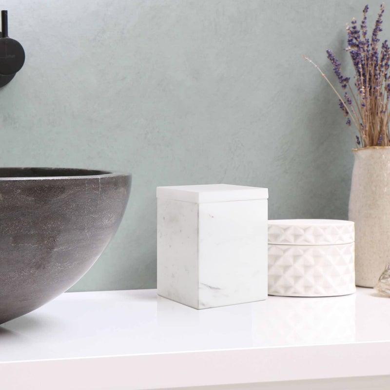 WORHE WORHE Marble Canister Natural Stone Qtip Holder with Lid Square Bathroom Vanity Organizer for Makeup Sponge Coffee Bean Dispenser Storage Jar Case for Home Decor White (DLW201)  - Image 5