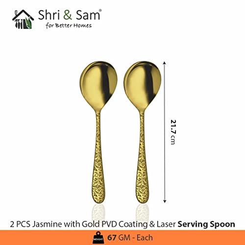 Shri & Sam Stainless Steel Jasmine Gold PVD Coating with Laser Serving Spoon,2 Pieces - Image 2
