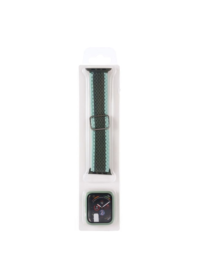 BURAQ Protective Cover Adjustable Striped Woven Nylon Watch Band + Watch Case Set For Apple Watch Series 7 45mm/6&SE&5&4 44mm/3&2&1 42mm(Army Green)