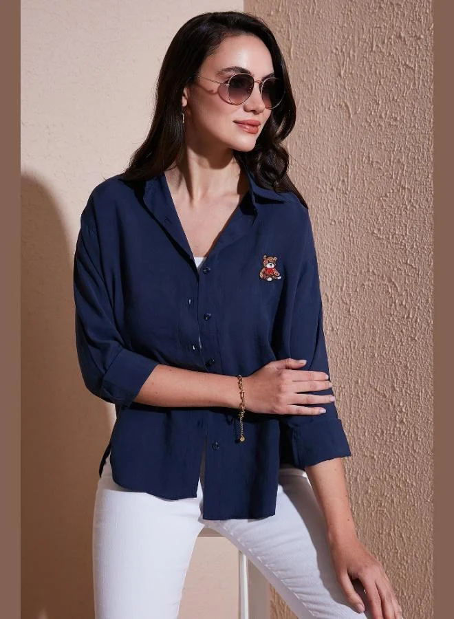 Lela Lela Cotton Blend Regular Fit Teddy Bear Embroidered Shirt Women's SHIRT 6773106