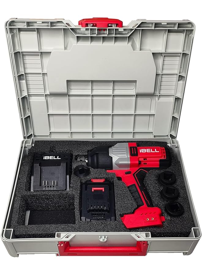 آي بيل طقم مفتاح ربط صدمي لاسلكي Ibell Bw1000، 20 فولت، ¾ بوصة، عزم دوران 1350 نيوتن متر، أقصى عزم دوران 1000 نيوتن متر، سرعة دوران 2200 دورة في الدقيقة، 3200 دورة في الدقيقة، بطارية 4.0 أمبير/ساعة، مقابس صدمية، مخفض سرعة، شاحن، وصندوق BMC - Image 2