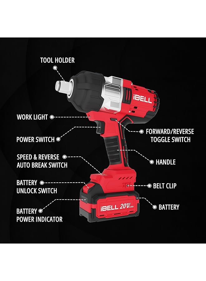 آي بيل طقم مفتاح ربط صدمي لاسلكي Ibell Bw1000، 20 فولت، ¾ بوصة، عزم دوران 1350 نيوتن متر، أقصى عزم دوران 1000 نيوتن متر، سرعة دوران 2200 دورة في الدقيقة، 3200 دورة في الدقيقة، بطارية 4.0 أمبير/ساعة، مقابس صدمية، مخفض سرعة، شاحن، وصندوق BMC - Image 5