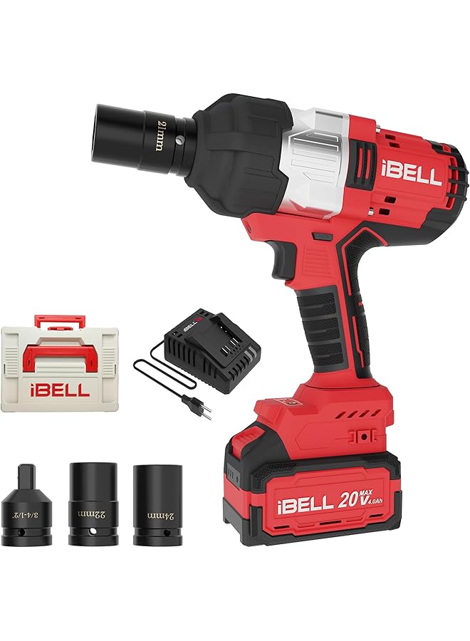 آي بيل طقم مفتاح ربط صدمي لاسلكي Ibell Bw1000، 20 فولت، ¾ بوصة، عزم دوران 1350 نيوتن متر، أقصى عزم دوران 1000 نيوتن متر، سرعة دوران 2200 دورة في الدقيقة، 3200 دورة في الدقيقة، بطارية 4.0 أمبير/ساعة، مقابس صدمية، مخفض سرعة، شاحن، وصندوق BMC - Image 1