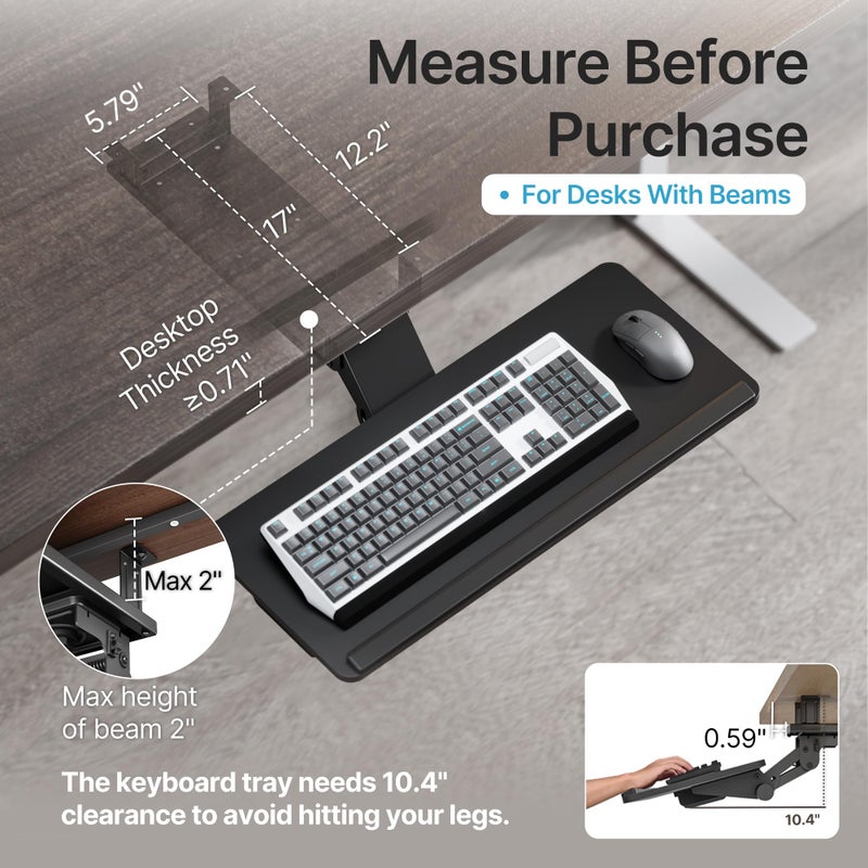 PEGZONE Keyboard Tray Under Desk with Storage Drawer, Height Adjustable Keyboard Tray Slide Out Swivel Tilt, Ergonomic Under Desk Mount Keyboard & Mouse Holder for Gaming Home Office, 25x11'', Black - Image 2
