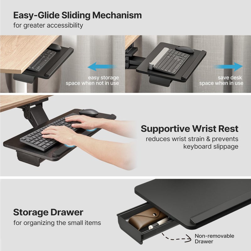 PEGZONE Keyboard Tray Under Desk with Storage Drawer, Height Adjustable Keyboard Tray Slide Out Swivel Tilt, Ergonomic Under Desk Mount Keyboard & Mouse Holder for Gaming Home Office, 25x11'', Black - Image 5