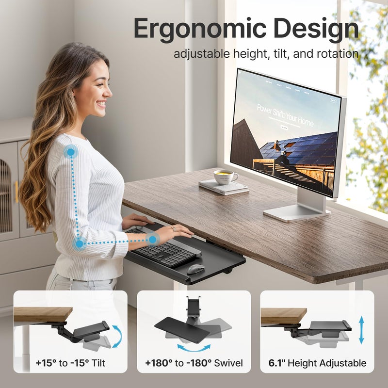 PEGZONE Keyboard Tray Under Desk with Storage Drawer, Height Adjustable Keyboard Tray Slide Out Swivel Tilt, Ergonomic Under Desk Mount Keyboard & Mouse Holder for Gaming Home Office, 25x11'', Black - Image 4