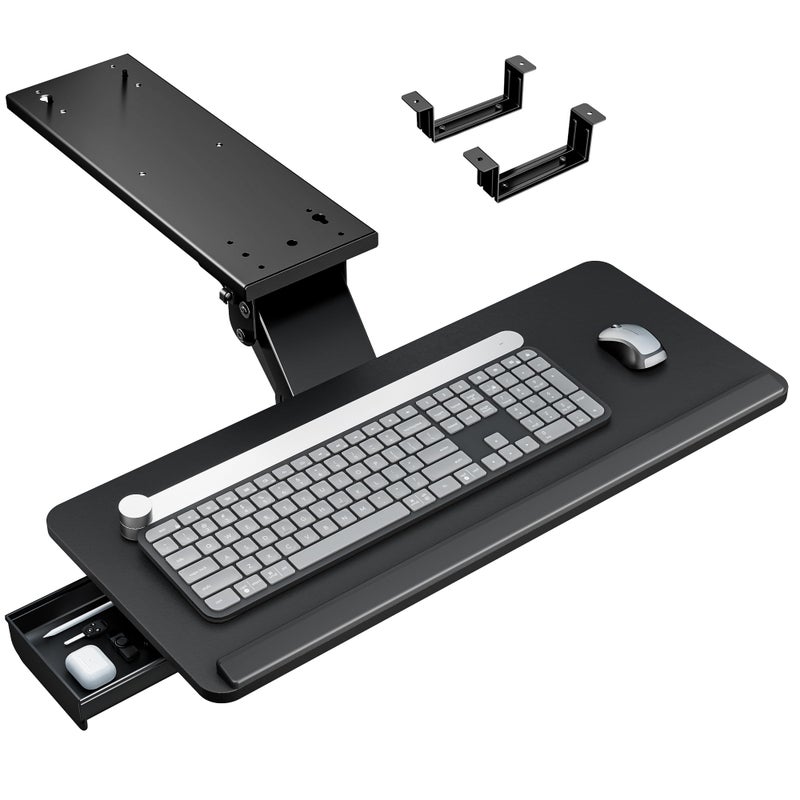 PEGZONE Keyboard Tray Under Desk with Storage Drawer, Height Adjustable Keyboard Tray Slide Out Swivel Tilt, Ergonomic Under Desk Mount Keyboard & Mouse Holder for Gaming Home Office, 25x11'', Black - Image 1